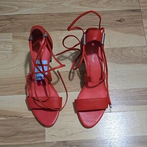 Calvin Klein Natalia Sling Heels Size  9 Flame Red Strappy Metallic Block Heel